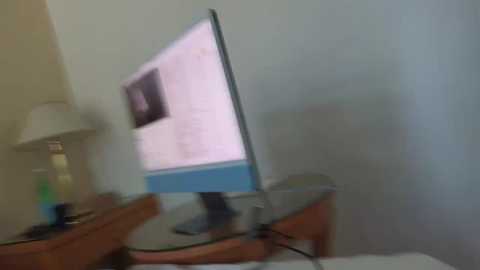 A blurry video shows a person with light skin holding a laptop, with a screen displaying text and a picture of a black-and-white cat, placed on a wooden table beside a white lampshade.