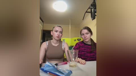 Media: Video of two young women with light skin, wearing sportswear, sitting at a table in a dimly lit room with a yellow wall and a green toy.
