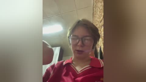 Video of a young person with light skin and glasses, wearing a red polo shirt, captured through a frosted glass door. Background shows a beige ceiling and a partially visible person in a white shirt.