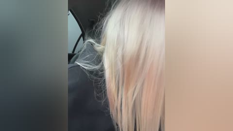 Media: Video of a woman's blonde hair with a dark streak, seen from behind inside a car. The image is cropped to show only her hair, with a blurred background.