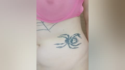 Video of a fair-skinned person wearing a pink mesh bra, with a black spider tattoo on their lower right abdomen. The background is a plain beige wall.