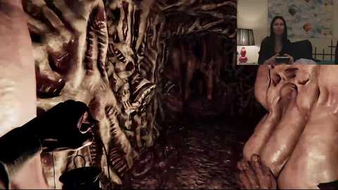 A video featuring a woman in a dark, cave-like setting with textured walls and a dimly lit room in the background. She appears to be in a state of distress, her eyes closed, mouth open, and hands clasped together.