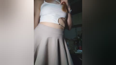 A video of a slender woman in a white crop top and beige pleated skirt, taken indoors in a dimly lit room with visible furniture and shelves in the background.