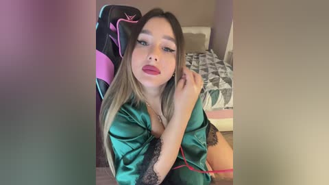 Media: Video of a young woman with long, straight brown hair and fair skin, wearing a teal satin robe with black lace trim. She sits on a gaming chair in a bedroom with a geometric-patterned bedspread.