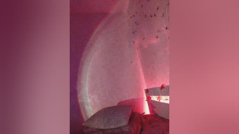 A video of a cave illuminated by a pinkish-red light, showcasing a curved stone formation and a small campfire with a glowing orange flame. The cave walls appear rough and textured.