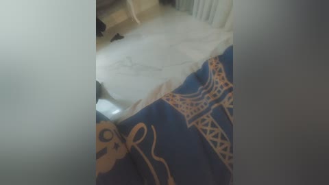 A blurry video of a partially visible, blue and gold-patterned bedspread on a marble floor. The image is dimly lit, with soft shadows and indistinct details.