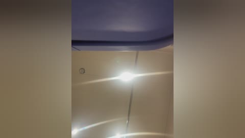 Media: Video of a bathroom ceiling with a bright light shining down, revealing a round, blue toilet lid and a beige ceiling with a slight texture.