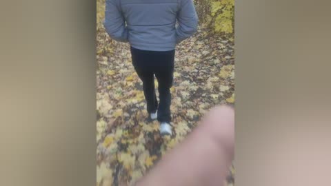 Media: Video of a person walking away, wearing a grey jacket, black pants, and white shoes, on a path covered with yellow and brown autumn leaves. A blurred hand appears in the foreground.