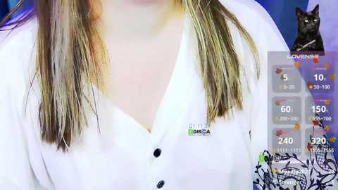 A video of a person wearing a white shirt with a black logo, featuring a cat. The background includes a weather forecast display and a cat image.
