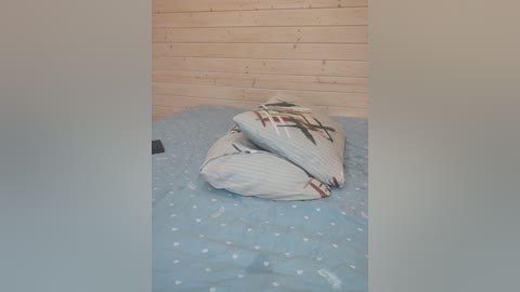 Video of a bed with a light blue quilt featuring small white polka dots and a black phone charger on the floor near the bed.