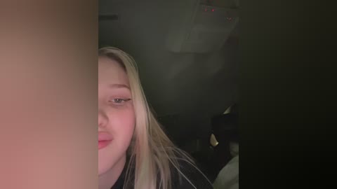 Media: A dimly lit video captures a blonde woman with fair skin and subtle makeup, smiling slightly. The background is dark and indistinct, with a hint of a car interior.