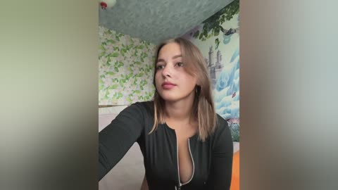 A video of a young woman with fair skin, light brown hair, and a black zip-up top, sitting in a room with green wallpaper and a mural of a castle.