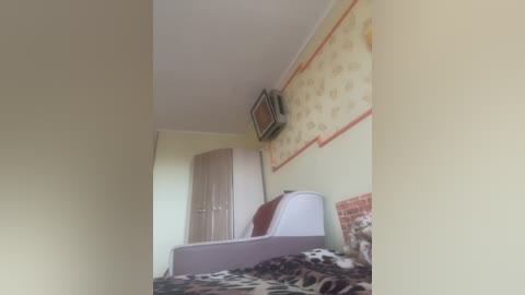 Video of a small, sparsely furnished room with a white bed, leopard-print blanket, beige walls, a patterned wallpaper border, and a mounted TV above the bed.