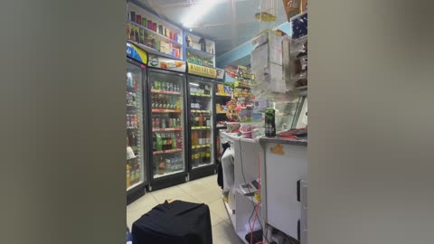 Media: Video of a small, brightly lit convenience store with fluorescent lighting. Glass-front refrigerators display a variety of snacks and drinks. The store is stocked with colorful packaged items.