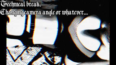 Video of a digital glitch art piece featuring the word \"TECHNICAL BREAK\" in a Gothic font, with abstract, pixelated shapes and colors in shades of white, black, and blue.