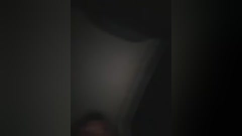 A dimly lit, blurry video featuring a person's head and upper body in a dark room. The background is indistinct and shadowy, with indistinguishable objects. The image's focus is unclear, and the lighting is low, creating a mysterious, somewhat eerie atmosphere.