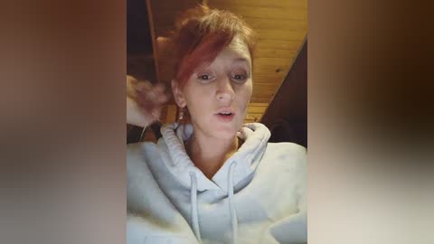 Video of a young woman with fair skin and red hair in a ponytail, wearing a grey hoodie. Background shows wooden ceiling and blurred objects.