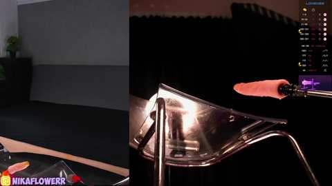 Media: A video and a computer screenshot side-by-side. The photo shows a transparent chair with a lit candle inside. The screenshot displays a virtual room with a similar transparent chair, a person's hand holding a light source, and a black curtain background.