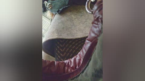 Media: Video of a close-up of a person's back, wearing a brown woolen coat, a maroon leather collar, and a striped scarf. The background shows blurred, indistinct outdoor elements.