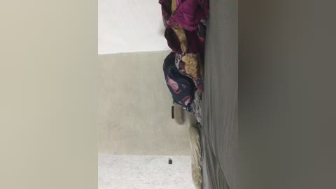 Video of a narrow, dimly lit hallway with beige walls and a carpeted floor. A dark floral-patterned rug is partially visible against the right wall, and a small, dark object lies on the floor.