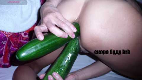 A close-up video showing a person holding a large cucumber, with the text \"cshroo gay bruh\" in the bottom right corner. The image features a person's bare buttocks and hands.