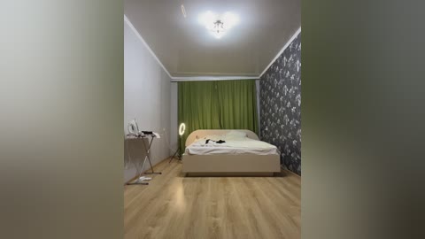 Media: Video of a minimalist, modern bedroom with light wood flooring, a green curtain backdrop, black patterned wallpaper, a white bed, and a small white desk with a chair and lamp.