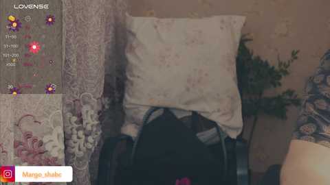 A video shows a woman lying on a bed, wearing a floral nightgown, with a pillow over her face. The room has a rustic, vintage decor.