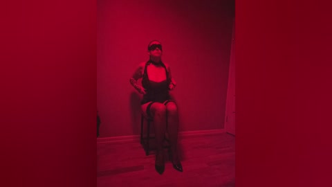 A video in red lighting shows a woman with long hair, dressed in a black dress, blindfolded, sitting on a wooden chair against a bare, red-walled room. Her posture is relaxed.