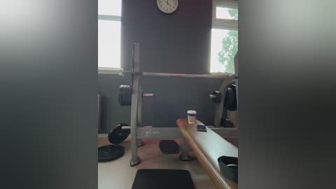 A video of a dimly lit gym with a treadmill, elliptical machine, and weights, featuring a clock on the wall, black and red carpet, and natural light streaming in from a window.