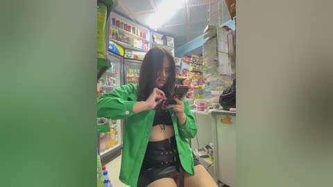 Media: A video of a young woman with long black hair, wearing a green jacket and black shorts, taking a selfie in a brightly lit convenience store.