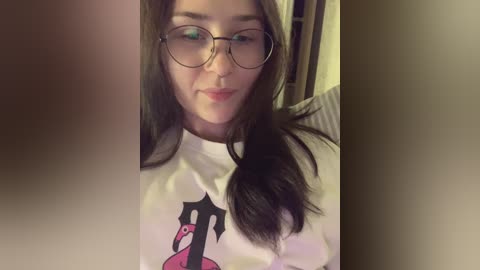 Video of a young woman with long dark hair, wearing round glasses and a white shirt featuring a pink flamingo design. She has a neutral expression and is indoors, with blurred background elements.
