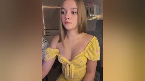 Media: Video of a young, fair-skinned woman with straight, shoulder-length blonde hair, wearing a yellow off-shoulder floral dress, sitting in a dimly lit room with a white bed, nightstand, and string lights in the background.