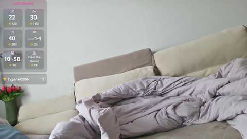 Media: A video showing a messy bed with wrinkled sheets, a white pillow, and a vase of red flowers on a white wall. A weather forecast overlay displays rain and temperatures.