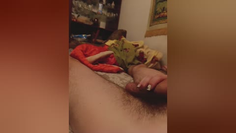 Video of a man's erect penis and pubic hair, lying on a bed with a red blanket, partially covered by a green shirt. The background shows a beige wall and a framed painting.