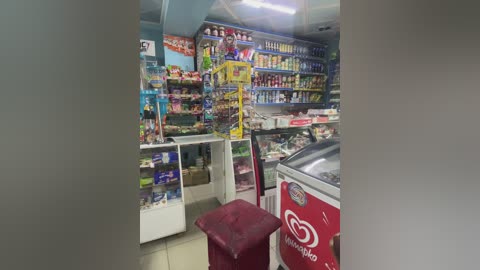 Media: Video of a small, brightly lit convenience store with refrigerated glass display cases. Shelves are stocked with a variety of snacks and beverages. A red stool is in the foreground.