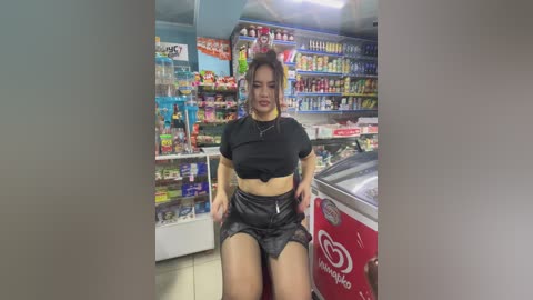 Media: Video of a curvy, light-skinned woman with long dark hair, wearing a black crop top and high-waisted leather shorts, sitting on a red and white ice cream cart in a brightly lit convenience store.