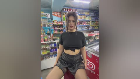 Media: Video of an Asian woman with medium build, wearing a black crop top and shorts, sitting in a convenience store with colorful shelves and a Coke machine in the background.