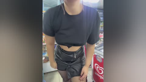 Media: Video of a slender, light-skinned woman in a black crop top and high-waisted leather shorts, standing in a convenience store with a red Coca-Cola cooler in the background.