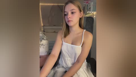 Media: Video of a young Caucasian girl with light brown hair, wearing a white spaghetti-strap dress, sitting on a bed in a dimly lit room with string lights and floral decorations.