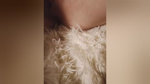 Video of a close-up view of a person's torso, covered in a white, fluffy, shaggy texture, with soft lighting highlighting the plush texture and the person's skin tone. The background is blurred, focusing on the textured fabric.
