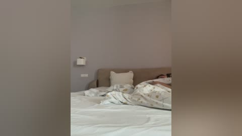 Media: Video of a minimalist, modern bedroom with light gray walls, a beige headboard, and a white duvet with subtle floral patterns. The room is tidy, featuring a single white pillow and a tissue dispenser mounted on the wall.