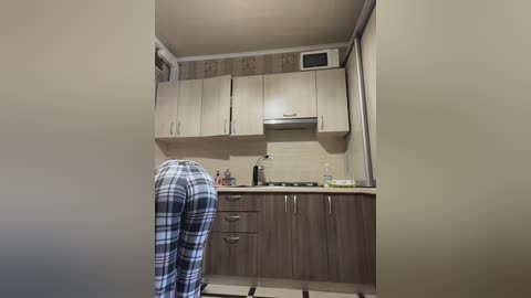 Media: Video of a small, beige-tiled kitchen with light wooden cabinets, a microwave, and a hanging plaid pajama-clad person, facing away.