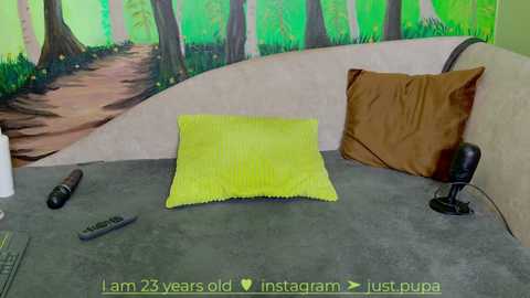 Media: Video of a minimalist bedroom with a bright yellow pillow on a grey bed, brown pillow, remote, and black headphones.