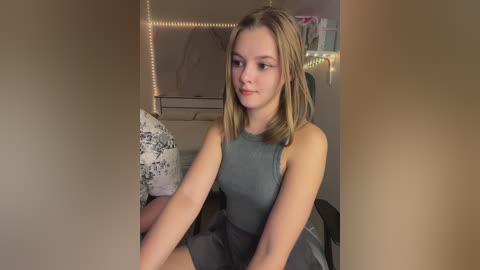 Media: Video of a young, fair-skinned girl with shoulder-length blonde hair, wearing a gray sleeveless top and gray shorts, sitting on a bed in a dimly lit room with string lights and floral bedding.