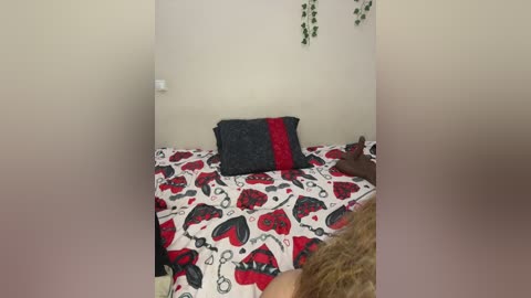 Media: A video of a small, dimly lit bedroom with a single bed covered in a red and black heart-patterned duvet, featuring a dark pillow and a red and black pillow. A person's arm and shoulder are visible in the bottom right corner.