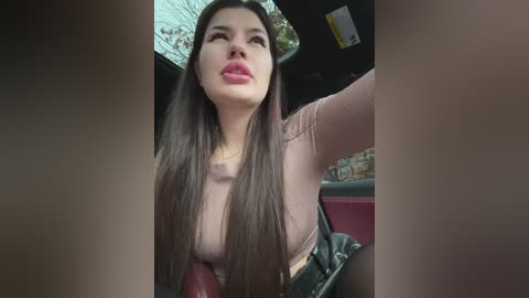 Media: Video of a young woman with long black hair, wearing a pink top and black pants, taking a selfie in a car, her lips slightly parted.