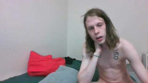 Media: Video of a shirtless, slender, Caucasian man with shoulder-length brown hair, tattoos on his shoulders, sitting on a bed with green and red pillows.