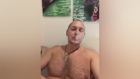 Media: Video of a bald, middle-aged man with a goatee, wearing a black necklace, sitting shirtless with a thin layer of chest hair, in a room with a beige wall and a picture of a green canal.