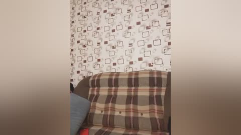 A video of a living room corner featuring a plaid-patterned couch and a white wall adorned with a repetitive brown and white geometric pattern. The scene is dimly lit, creating a cozy, vintage ambiance.