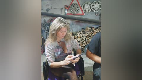 Media: Video of a blonde woman in a gray shirt, sitting in a chair, reading a book, with a pile of firewood in the background.